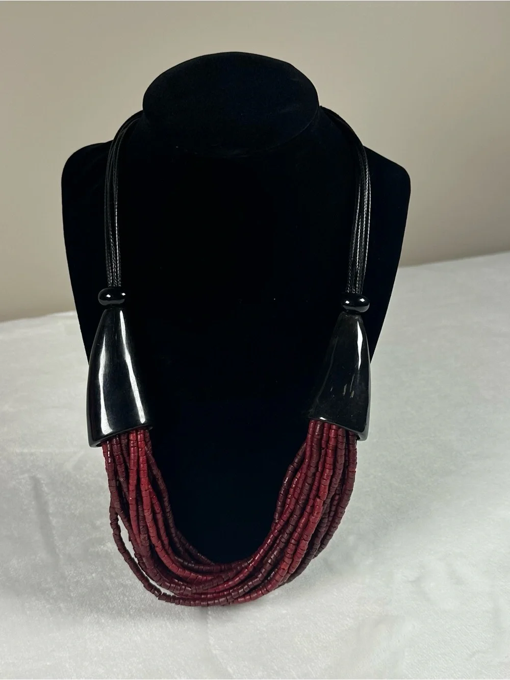 Multi-Strand Burgundy Bead Necklace with Black Accents
